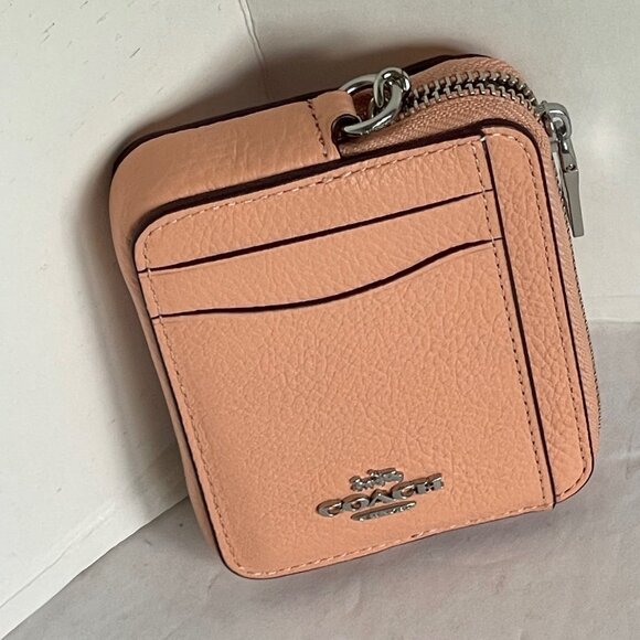 Coach Zip Card Case ID Mini Wallet 6303 Pebbled Leather Chain Strap Blush Silver - Picture 3 of 6